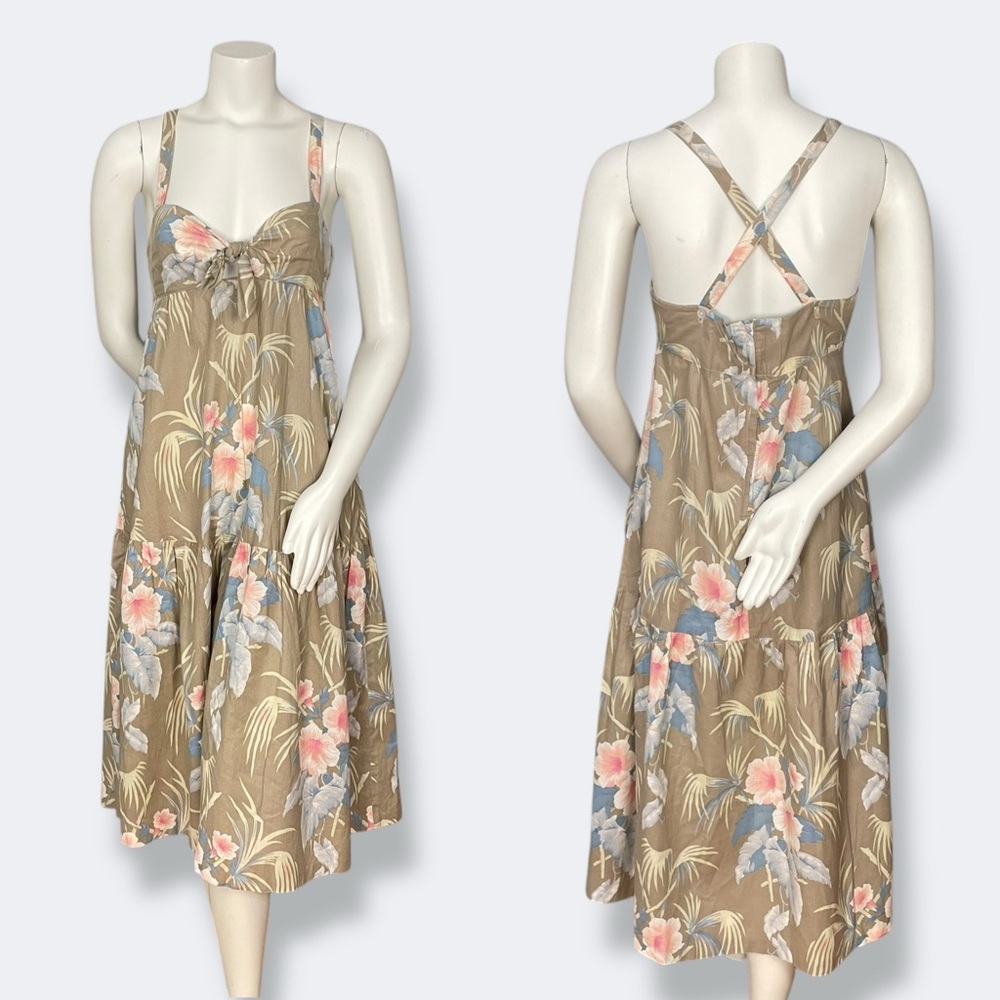 Vintage 1970s Plain Jane Dress Hawaiian‎ Cut-Out Brown Tie Bust Sleeveless Midi
